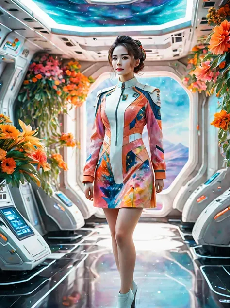 full-length portrait of a 24-year-old female starship captain，in a futuristic sci-fi scenario，highlighting her full body image a...