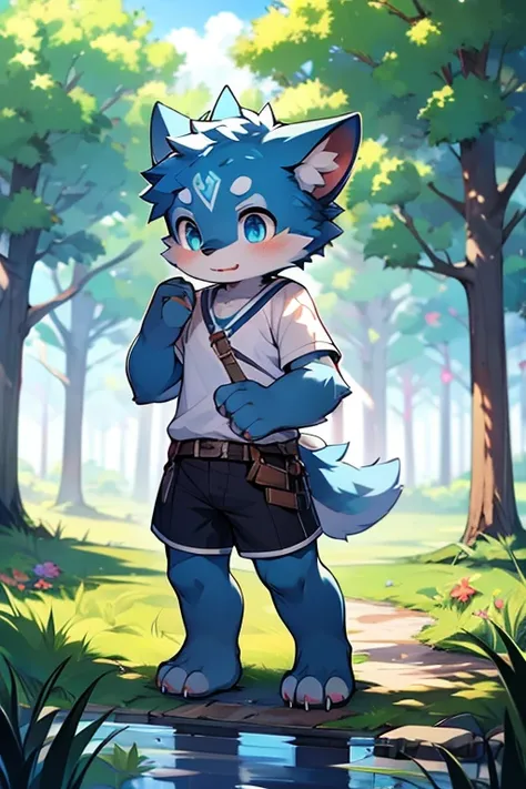 hairy，hairy，bright blue fur，bright blue fur，bright blue fur，bright blue fur，bright blue hair，male，canine，Lovely，Lovely，Lovely，the only person，sharp claws，fine fur，blue eyes，thick eyebrows，hairy的尾巴，White short sleeves，white shorts，Super detailed：1.0，horny b...