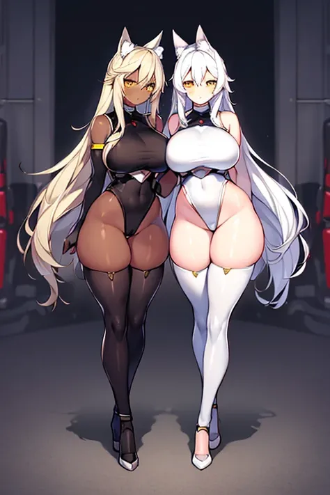 2girls, dark-skinned females, dark-skinned female, dark skin, white hair, long hair, large breasts, breasts, wide hips, yellow eyes, smile, bodysuit, black bodysuit, white trim, sleeveless, black pantyhose, pantyhose, futuristic, tech, science-fiction, ful...