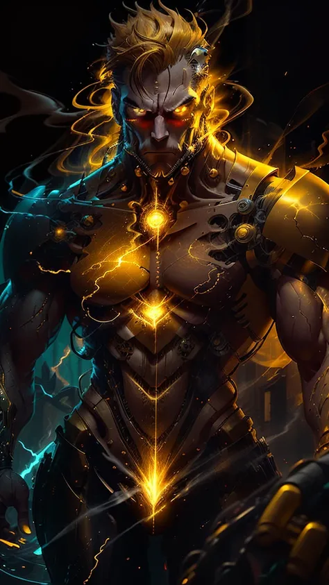 Man with mechanical face with serious yellow eyes and golden jaw on his chin and mechanical body giant mechanical muscles and mechanical chest and cyan pants and yellow flip-flops doing combat pose and lightning scales on the mechanical body and lots of re...