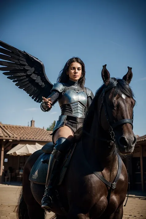 Medieval black knight with futuristic style riding on winged black horse