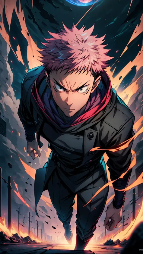 1boy, full body shot, 173 cm, itadori yuuji, black outfit, pink hair, run, angry, red and dark moon city night background, wallp...