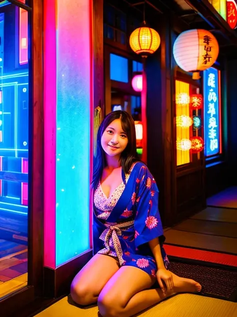 A view from the front of the entrance of a Japanese restaurant。colorful neon lights and decorations。On the floor of the entrance, you can see the whole body of a young woman wearing a hana and sitting on a cushion.。cleavage in kimono。meaty thighs。plump bod...