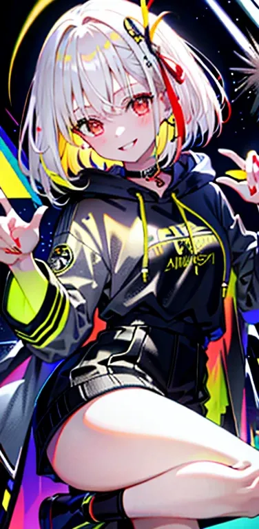 detailed information, masterpiece, Best quality, smile, ornament, hoodie, portrait, Yellow neon, graffiti, Dark, night, sparkling eyes, blacklight,platinum blonde,medium hair,red eyes Coming soon