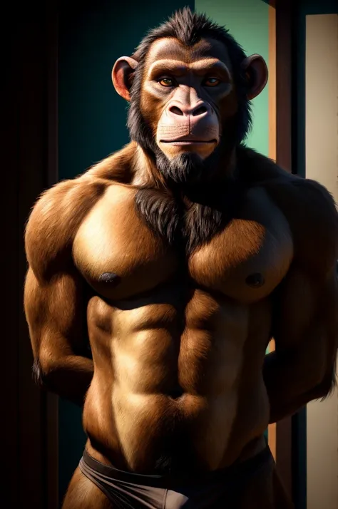 solo,furry,anthro,Chimpanzee,male,E621,standing,hands behind back,wearing underwear,plain background,front view,(best quality,4k,8k,highres,masterpiece:1.2),ultra-detailed,(realistic,photorealistic,photo-realistic:1.37),illustration,sharp focus,colorful li...