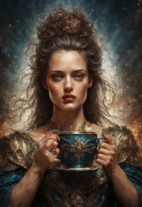 Eccentric Portrait,a painting of a woman holding a cup of coffee, stunning digital art, exquisite digital illustration, exquisite digital art, stunning digital illustration, intricate digital painting, amazing digital art, great digital art with details, s...