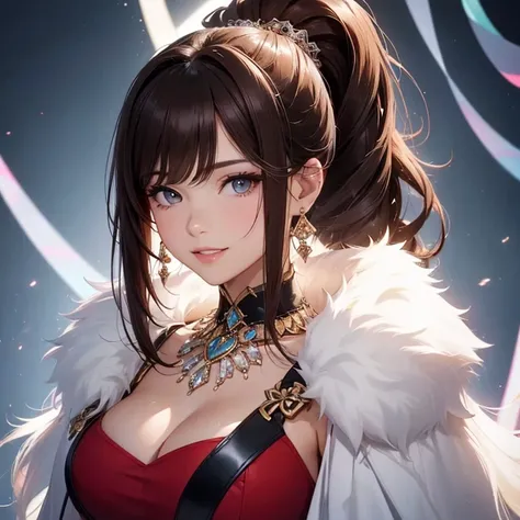 1.2, shiny necklace and earrings, (glossy lips: 1. 4), (enchanting smile), (20-year-old), (high ponytail, wavy hair, brown hair, diagonal bangs), medium long hair, ((upper body shot)), (Focus on the chest and face), medium to large breasts, perky chest.

