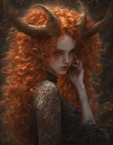 ginger girl, demon girl, very angry, ((full smokey eyes)), (messy orange curls), (insect eyes), (mesh fishnet, blouse), (long in...