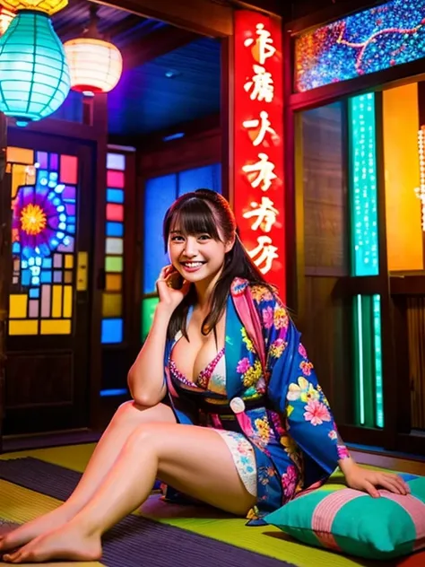 A view from the front of the entrance of a Japanese restaurant。colorful neon lights and decorations。On the floor of the entrance, you can see the whole body of a young woman wearing a hana and sitting on a cushion.。cleavage in kimono。Her plump thighs are e...