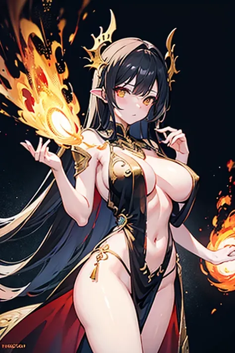 young woman, perfect body, shinny golden eyes, perfect boobs, perfect thighs, fire crown, long golden black curvy hair, transparent long black dress, lingerie, exposed belly, exposed thighs, red and gold mixture cloths, highly detailed enchanted cloths, st...