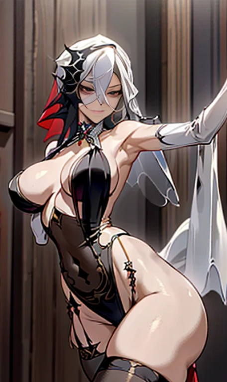 NSFW, arlecchino, arlecchino from genshin impact, dancer lady, sexy dancer, sexy clothes, thin clothes, ((face veil)), veil, armpits, big tits, alluring female bodies cool girl, a quiet and serious girl, badass, firm expression, evil smile, look down, sexy...