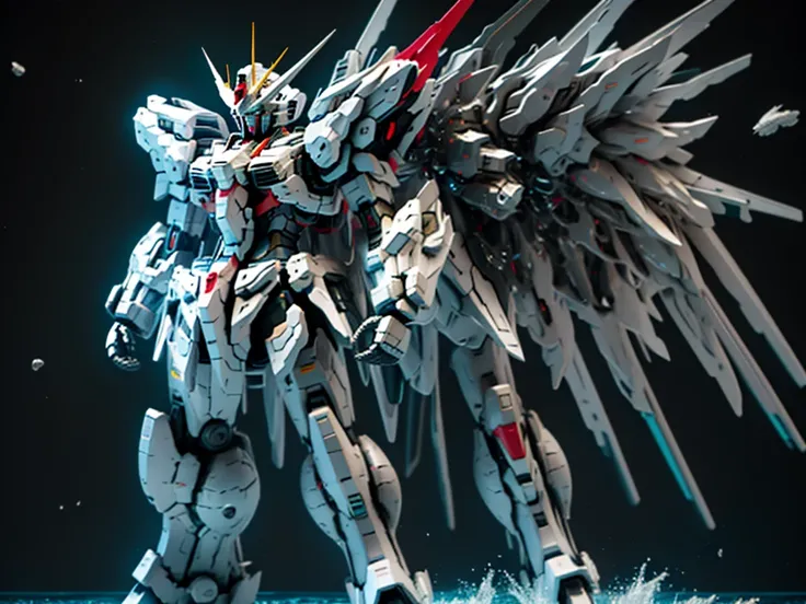 New launch century Gundam X、big moon、lake surface、Floating on the water、standing on tiptoe、Satellite Cannon、、high resolution、large on the back４Feathers、water surface、standing on tiptoe、carrying a large cannon on his back、超high resolution、4K、countless stars...