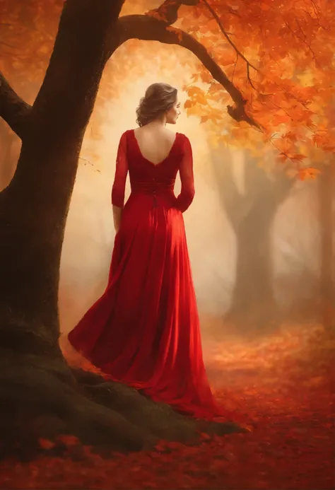 Painting of a woman in a red dress, standing under a tree, Goddess of Autumn, wonderful autumn mood, dreamlike digital painting, Magical colors and atmosphere, lost in a dreamy fairy landscape, Magical colors and atmosphere, Melancholic autumn light, moody...