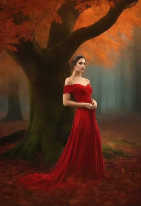 Painting of a woman in a red dress, standing under a tree, Goddess of Autumn, wonderful autumn mood, dreamlike digital painting, Magical colors and atmosphere, lost in a dreamy fairy landscape, Magical colors and atmosphere, Melancholic autumn light, moody...