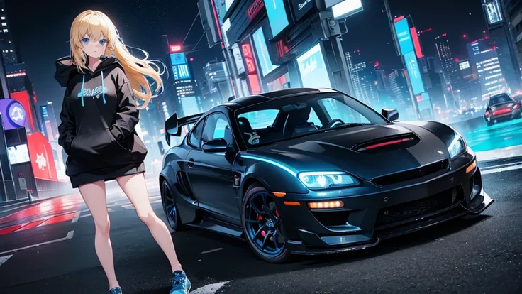 (1 girl, blonde hair, blue eyes, black hoodie, kawaii), (sports car, street racer), (blue cyberpunk, night city, blue neon)