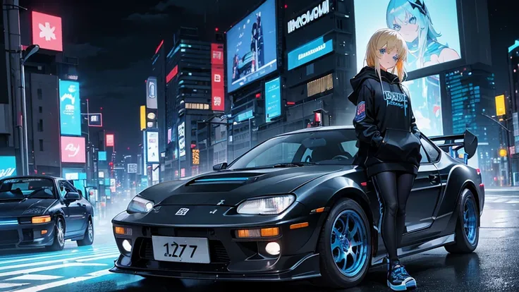 (1 girl, blonde hair, blue eyes, black hoodie, kawaii), (sports car, street racer, ae86), (blue cyberpunk, night city, blue neon)