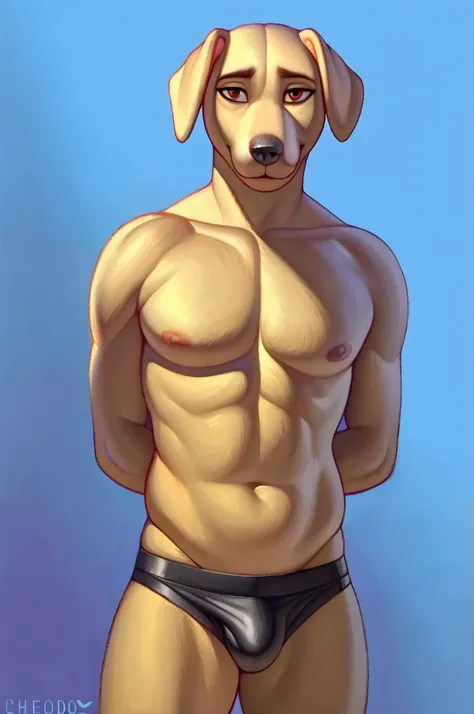 (best quality,realistic,highres:1.2),Solo,Furry,Anthro,Labrador,Male,E621,Standing,Hands behind back,Wearing underwear,Plain background,Front view,By chelodoy,ultra-detailed,portraits,vivid colors,studio lighting