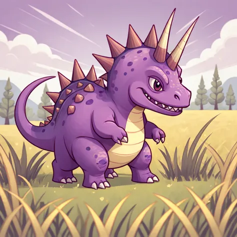 tiny little purple spikey dinosaur in a field with a horn hazard, in card art style
