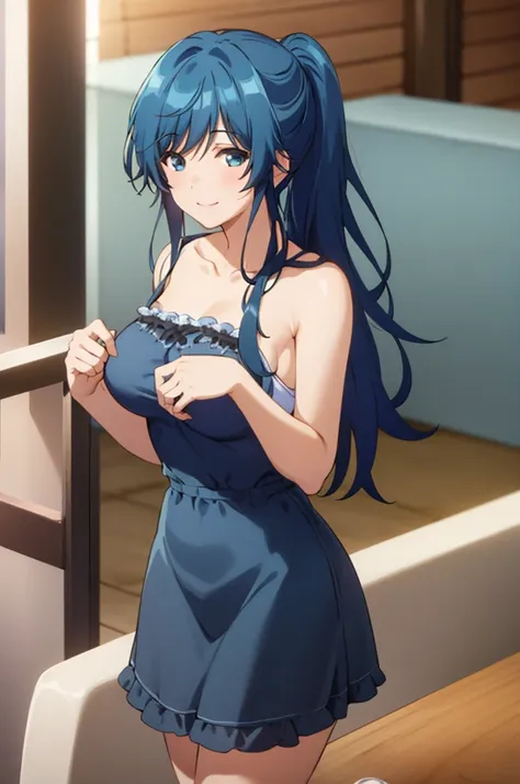 highest quality, (Masterpiece:1.2), detailed, 1girl、solo、smile、closed mouth、 blue hair、blue eyes、long hair、ponytail、big breasts blue underwear、Bra with lace、Panties with ruffles、 BREAK SEE VIEWER、 In underwear、in nature、blush、sexy pose