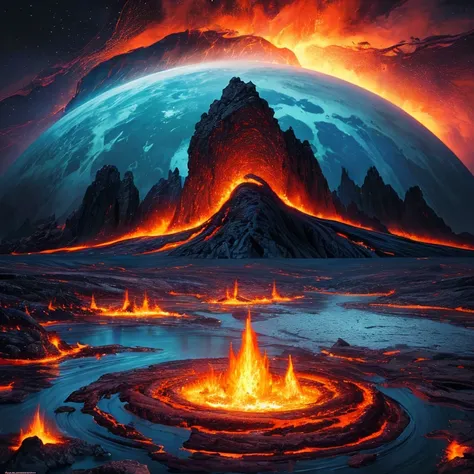 A beautiful earth filled with water and lava, intricate, masterpiece, expert, insanely detailed, 4k, composition, framing, centered, symmetry, painted, intricate, volumetric lighting, beautiful, rich deep colors masterpiece, sharp focus, ultra detailed, in...