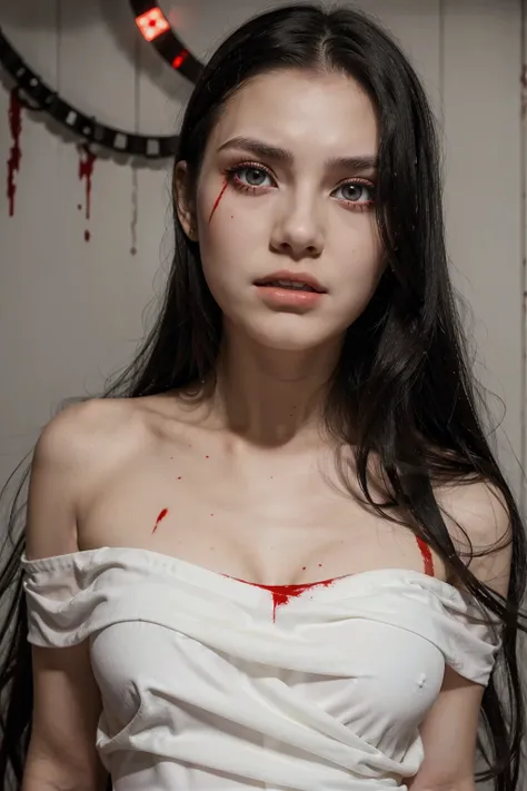 18 years old girl, white skin, long black hair, red eyes, black sclera, long white dress with blood marks, veins bulging around the eye, terrifying look