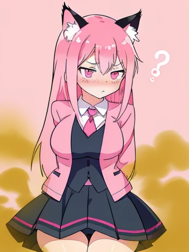 Anime girl with cat ears with pink hair and a pink tie、pink eyes、恥ずかしがり屋のblush、big breasts、women stink、fart、shyness、blush、