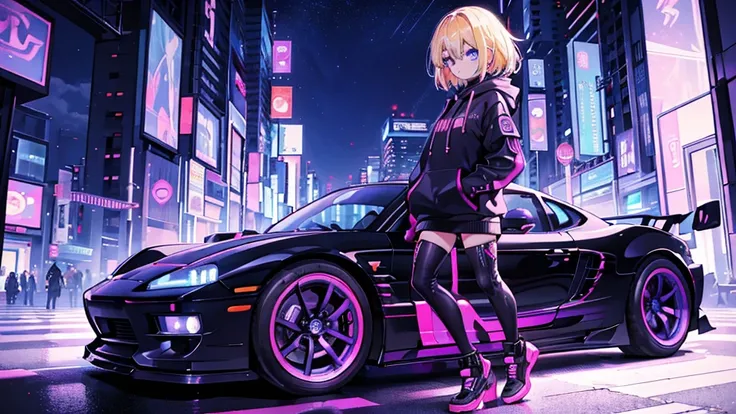 (1 girl, blonde hair, blue eyes, black hoodie, kawaii), (sports car, street racer), (purple cyberpunk, night city, purple neon)