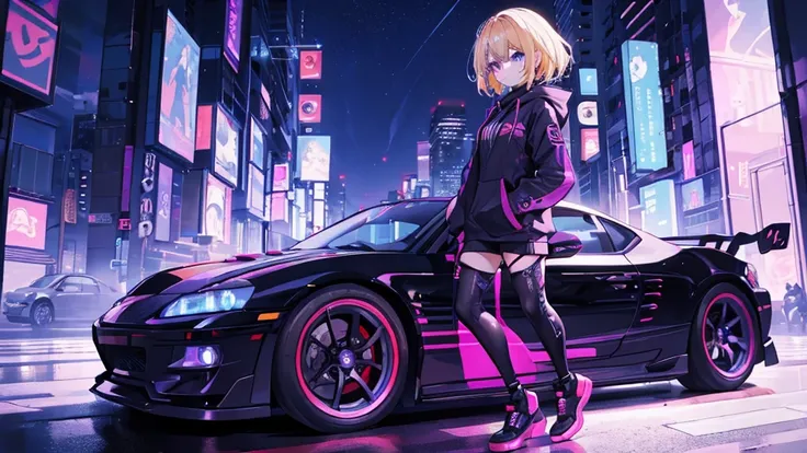 (1 girl, blonde hair, blue eyes, black hoodie, kawaii), (sports car, street racer), (purple cyberpunk, night city, purple neon)