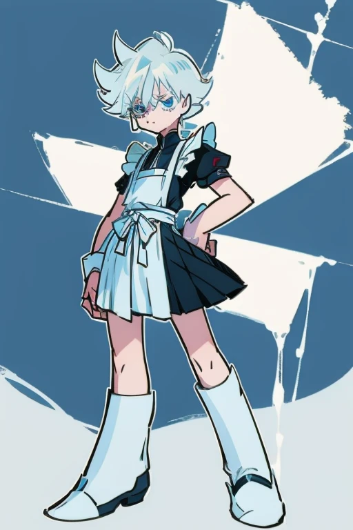 masterpiece, +++, top quality, soft light, male, masucline features, full body, satoru gojo, white short hair, bangs, blue eyes, wearing a maid outfit, wearing a micro pleated skirt, bare legs, white background