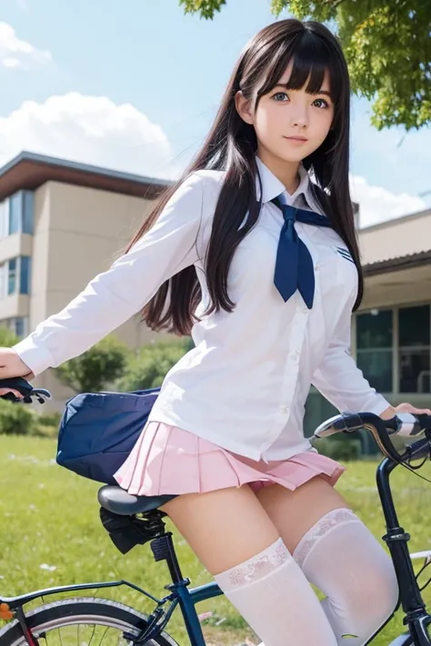 a beautiful school girl on bike near house and school in manga style, 1girl, ground vehicle, underwear, bicycle, panties, solo, skirt, long hair, black hair, outdoors, white panties, sky, day, blush, blue eyes, cloud, pantyshot, white socks, looking at vie...