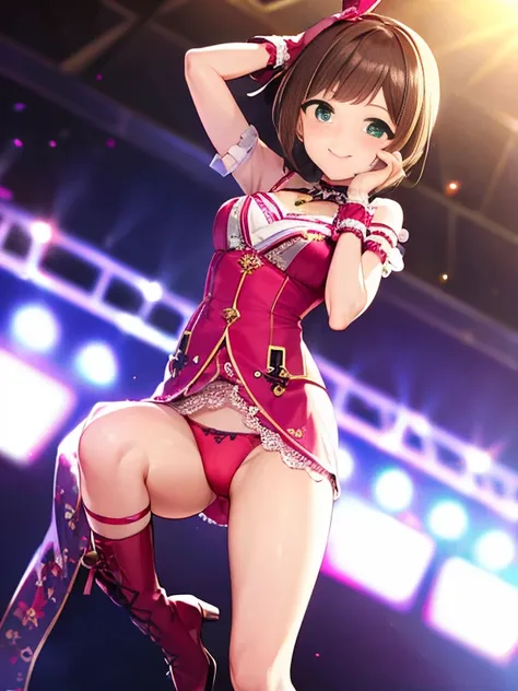 ((highest quality, 8K, idolmaster classic: 1.3, RAW photo)), sharp focus 1.1),Tenkai Haruka,alone, cute face, highly detailed face, green eyes、Brown Hair Bob,highlight,small smile, (Namco Pro,idol costume 1.5), concert hall, (Show pink lace panties:1.1), f...