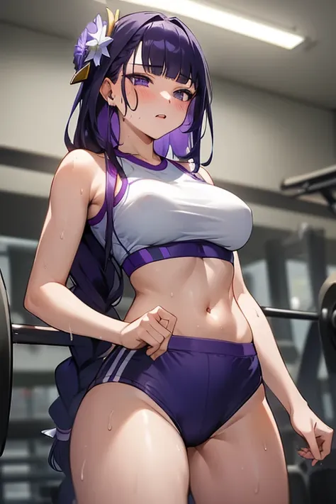 masterpiece, best quality, 1girl, duo, raiden shogun, long hair, purple hair, purple eyes, medium breasts, braided ponytail, hair ornament, blunt bangs, flowers, mole, mole under eye, sweat, wet, gym top, gym shorts, gym background, inside gym, daylight, 1...