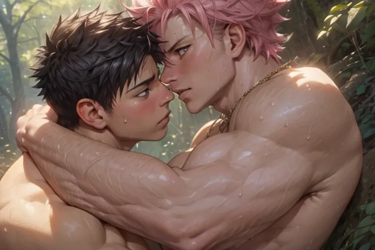 ((2boys, 2 men, duo)) ,gay couple,Natsu Dragneel and Gray Fullbuster kissing, ((upper body)), passionate blushing,  forest background, muscular body with washboard abs and pecs with pink nipples, sweating bodies and rugged rms and legs, holding waist embra...