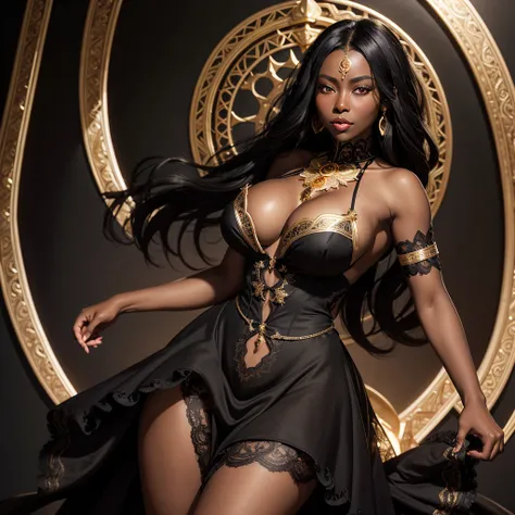 Illustrate a detailed and stunning portrait of a girl, long black hair, heterochromia eyes , wearing a fantasy themed lace black dress with golden trim, in a dynamic pose, large round perfect breast ,open cleavage,(( dark skin)), ((african)) full body