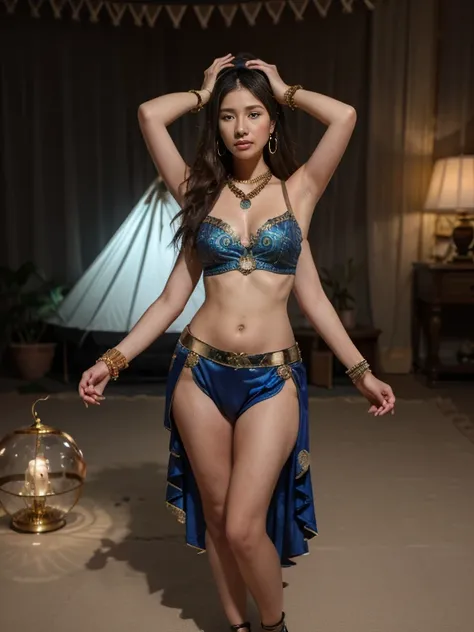 Dslr photo, (extraarms:1.2), (8k, 4k, masterpiece),beautiful pretty older mature asian woman, mysterious, hippie, fortune teller, new age, bohemian, indoors, tent, night, dark blue gold patterned clothes, belly dancer, long hair, bare midriff, sleeveless, ...