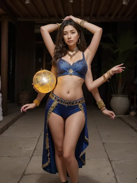 Dslr photo, (extraarms:1.2), (8k, 4k, masterpiece),beautiful pretty older mature asian woman, mysterious, hippie, fortune teller, new age, bohemian, indoors, tent, night, dark blue gold patterned clothes, belly dancer, long hair, bare midriff, sleeveless, ...