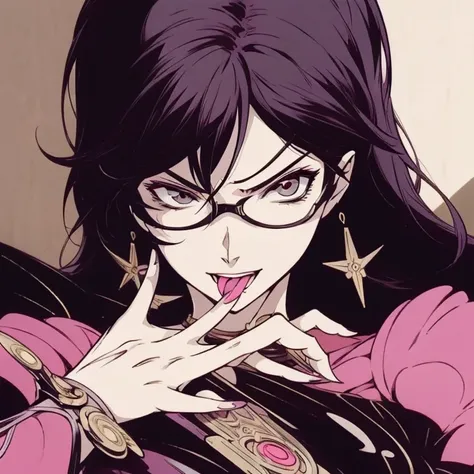 (masterpiece quality), (perfect hands), (perfect face), bayonetta in dynamic flirty pose with gun in hand, tongue out, centered