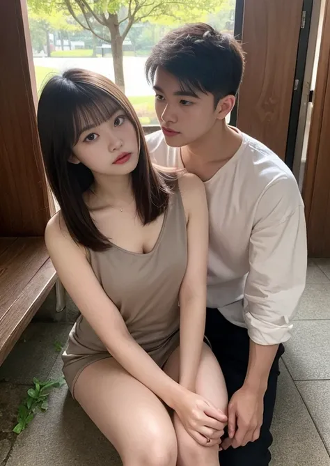 finely detail, hight resolution, hightquality、Perfect dynamic composition, Beautiful detailed eyes, Bob Layer Cut、Natural Color Lip, despise、frombelow、25-years old、both sexes、a couple、Lovers、Man and woman sitting shoulder to shoulder、Transparent skin、Glowi...