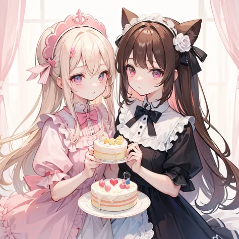 ((2 girls)), The first girl has long blonde hair and half body, portrait, ice cream hair accessories,Ice cream topper Neapolitan style,bow lolita((color palette: Brown, pink, vanilla off-white，A little red accent))。 Another girl is wearing a cake tiara wit...