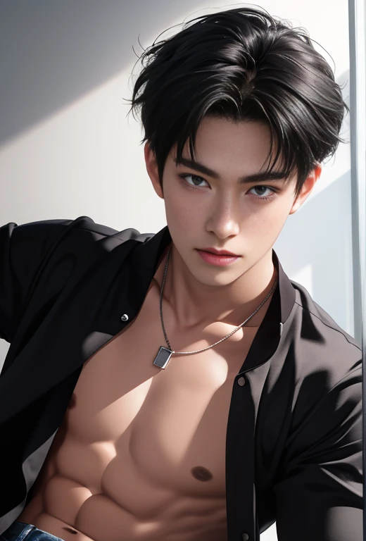 High quality, masterpiece, highly detailed, 8k, perfect face, perfect body, realistic, photogenic, man, Asian, young, black hair, short hair, handsome, detailed eyes, beautiful detailed nose, realistic body, realistic light, comfortable expressions, cute g...