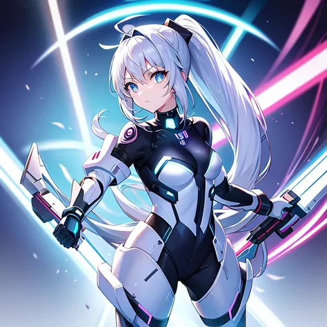 full body cyber girl with ponytail. ariana grande face. bright white color indicating she is cyber girl whit laser rifle. white ...