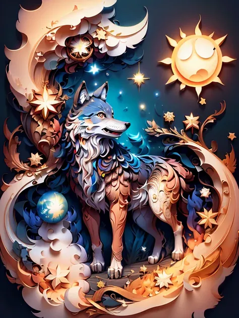 (((masterpiece))),best quality, illustration, paper_cut, wolf, ancient star, cloud sun