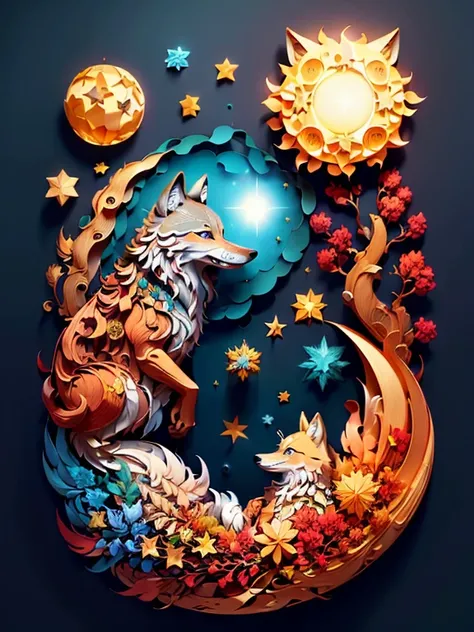 (((masterpiece))),best quality, illustration, paper_cut, wolf, ancient star, cloud sun