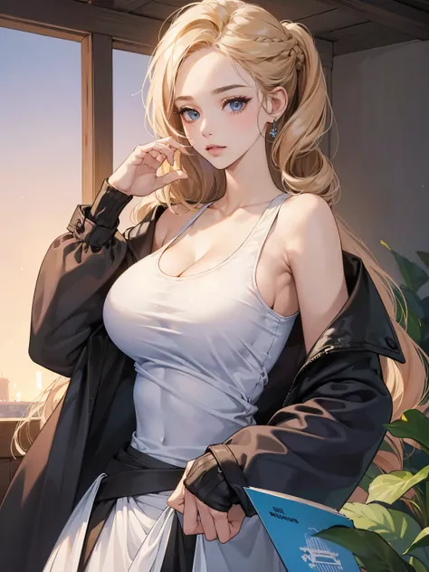 ((Best quality, 8k, Masterpiece :1.3)), 1girl, Pretty woman with emphasizing slender abs :1.3, (random hairstyles, Huge breasts :1.2), Oversized tank top :1.2, Ultra-detailed face, Detailed eyes, Double eyelid