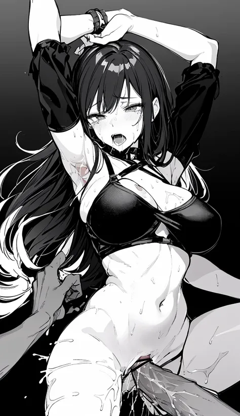 a black and white drawing of a woman, black and white manga style, heavy gesture style closeup, hands pose, with index finger, thick black line art,  black and white manga panel, black and white manga, white long hair, ( detailed face:1, (nude),detailed il...