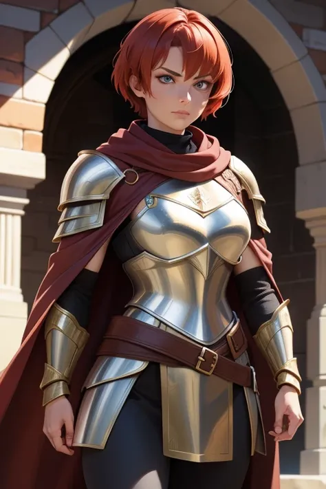 Woman warrior,bronze armor,Plate Mail,redhead,woman,wearing a brown cape,short hair