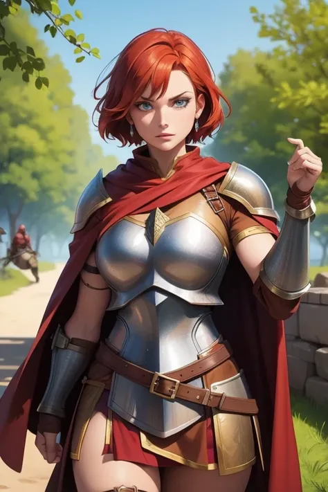 Woman warrior,bronze armor,Plate Mail,redhead,woman,wearing a brown cape,short hair