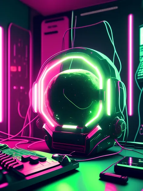 Estilo NeonNinja, a close up of a person wearing a dark green hoodie there is a large ball in the middle of a room, a close up of an electronic device on a table