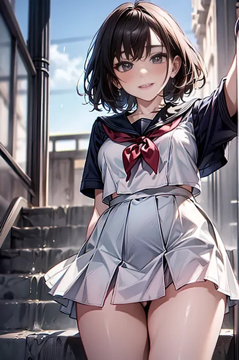 ((NSFW)),standing , stairs at school,18 year old beautiful woman, I&#39;m half Russian and half Japanese、i have super white skin、(((School uniform)))、(((white mini skirt)))、(((thong )))、(small breasts)、( messy brown short hair）,she has very nice skinny leg...