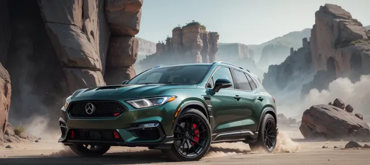 Embark on a riveting journey into automotive artistry with this detailed prompt: "Picture an extraordinary SUV against a breathtaking, dramatic-epic backdrop, seamlessly blending the charm of old-world style with futuristic aesthetics. Envision a commandin...